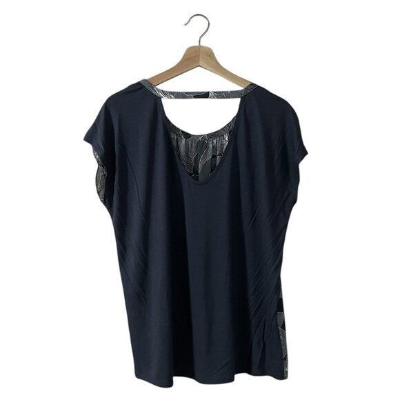 LOFT Blouse Size Medium Mixed Media Strappy Cut Out Floral Dark Gray Top 70054 - Picture 2 of 8
